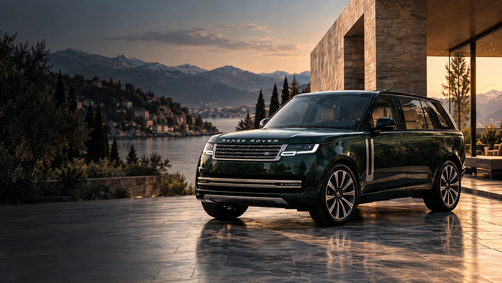 Тёмно-зелёный Range Rover у современной каменной виллы